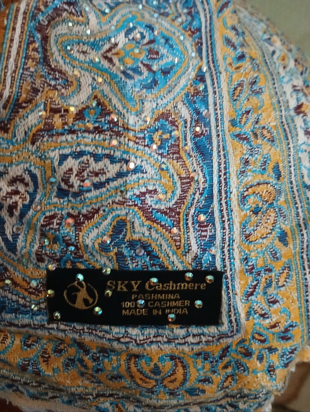 Sky Cashmere Pashima Paisley Shawl  - Blue & Gold With Rhinestones 78 in. Long